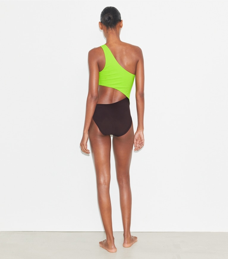 Tory Burch designer costumi interi Costume cut-out in Deep Chocolate / Vivid Lime front