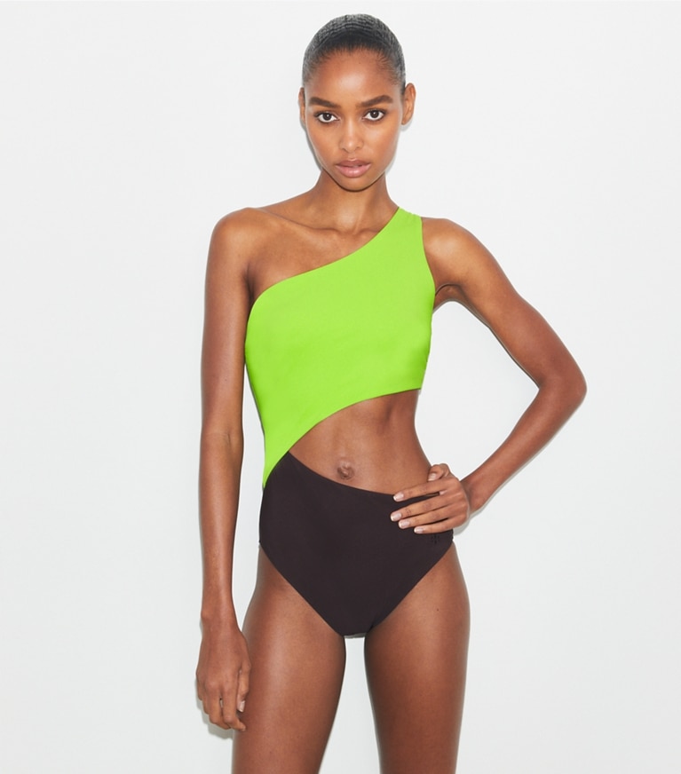 Tory Burch designer costumi interi Costume cut-out in Deep Chocolate / Vivid Lime front
