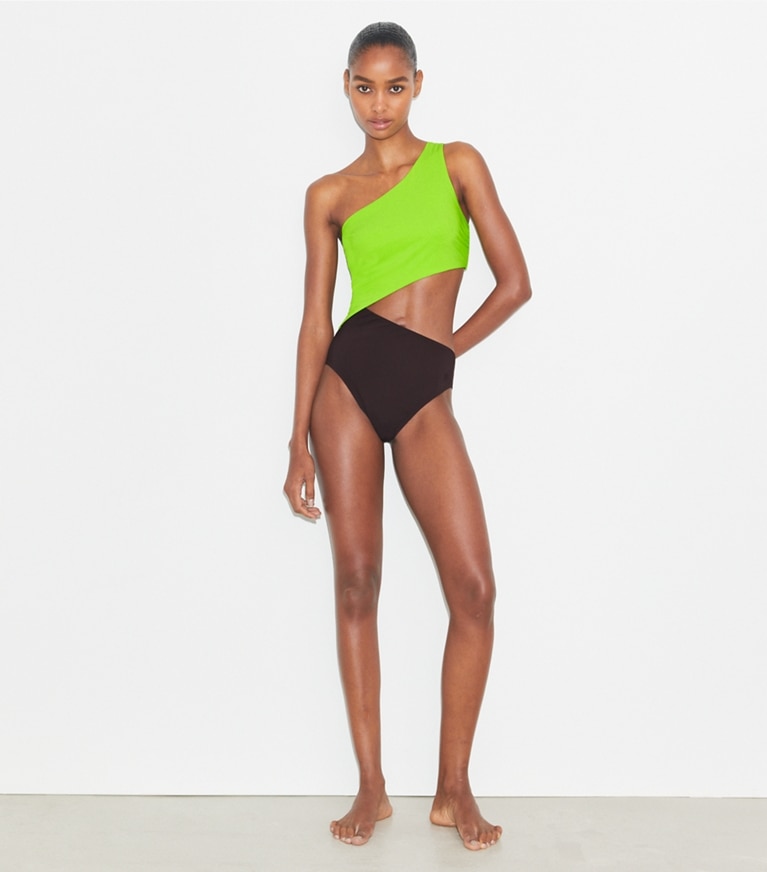 Tory Burch designer costumi interi Costume cut-out in Deep Chocolate / Vivid Lime front