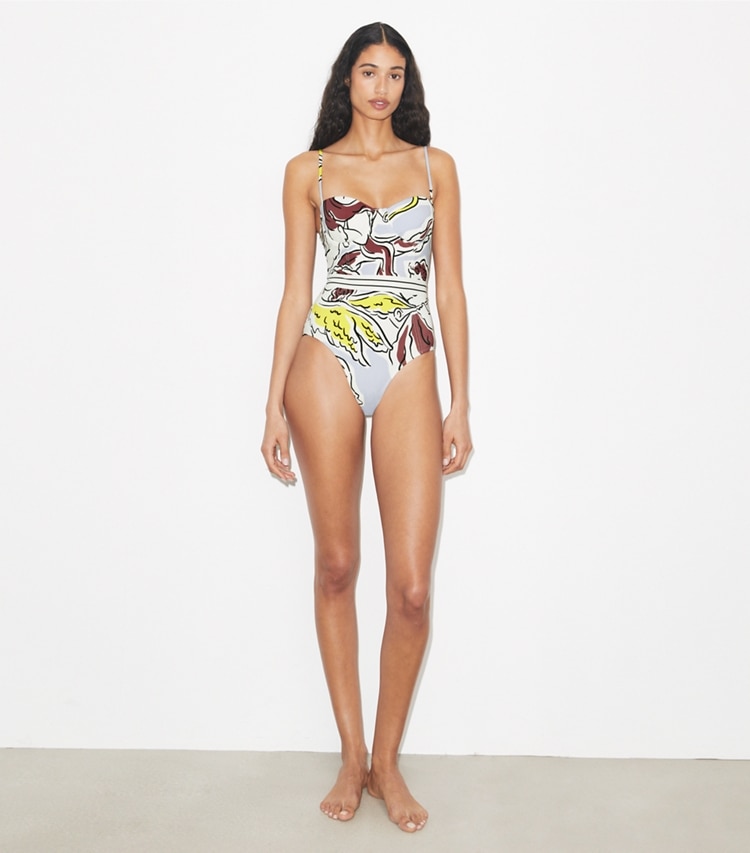 Tory Burch designer costumi interi Costume da bagno a balconcino in Lilac Cherubs parte anteriore su modella