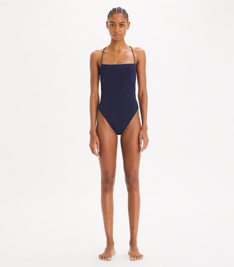 Tory Burch designer costumi interi Costume da bagno con lavorazione a punto smock in Medium Navy front