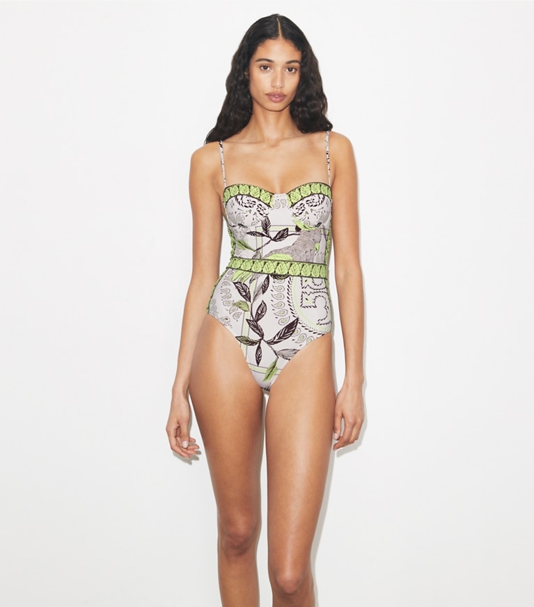 Tory Burch designer costumi interi Costume intero con stampa in Mint Cockatoo on model detail