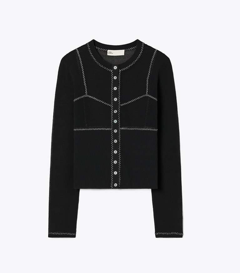 Tory Burch designer sweaters Cotton And Nylon Mesh Cardigan in Black front