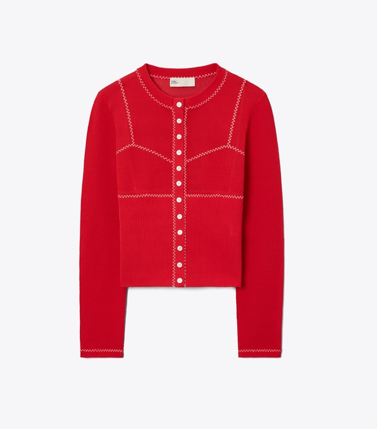 Tory Burch designer sweaters Cotton And Nylon Mesh Cardigan in Bright Red /  White front