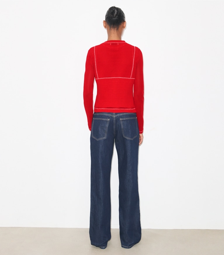 Tory Burch designer sweaters Cotton And Nylon Mesh Cardigan in Bright Red /  White on model back