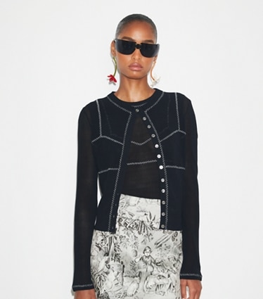 Tory Burch designer sweaters Cotton And Nylon Mesh Cardigan in Black on model detail