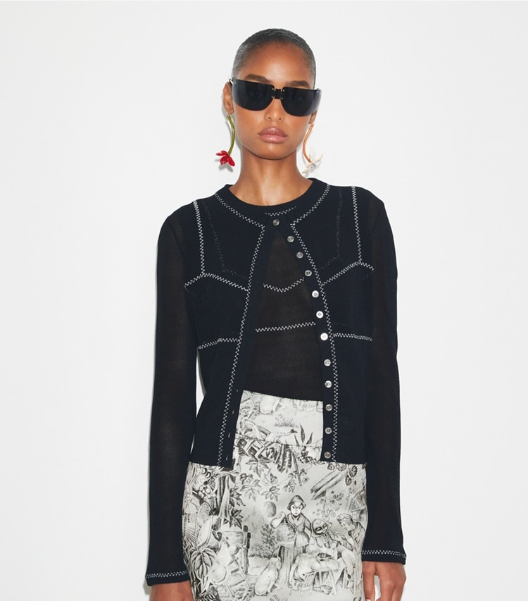 Tory Burch designer sweaters Cotton And Nylon Mesh Cardigan in Black on model detail