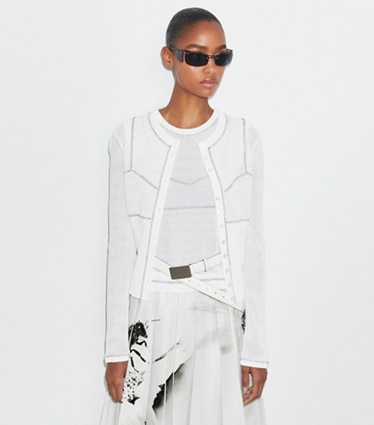 Tory Burch designer sweaters Cotton And Nylon Mesh Cardigan in White on model detail