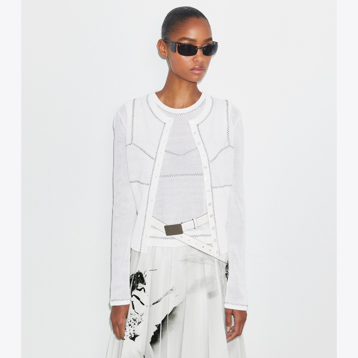 TORY BURCH ホワイト コットン ザックリ メッシュ 透かし ニット コットン ポインテール ポロセーター: レディース セーター