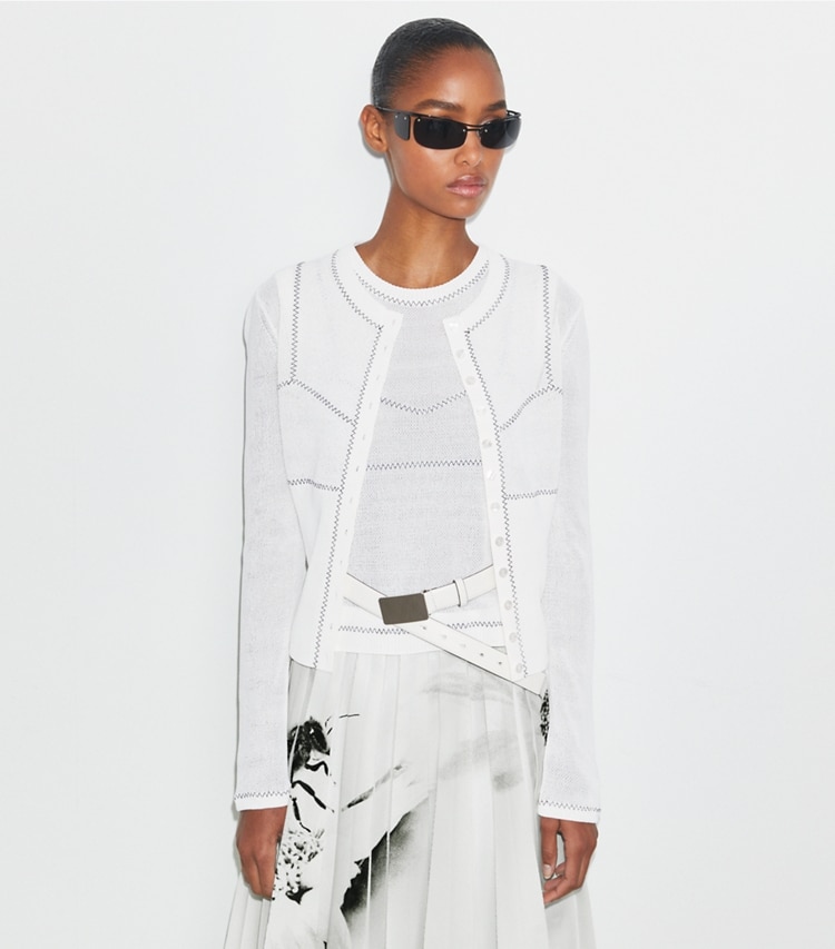 Tory Burch designer sweaters Cotton And Nylon Mesh Cardigan in White on model detail