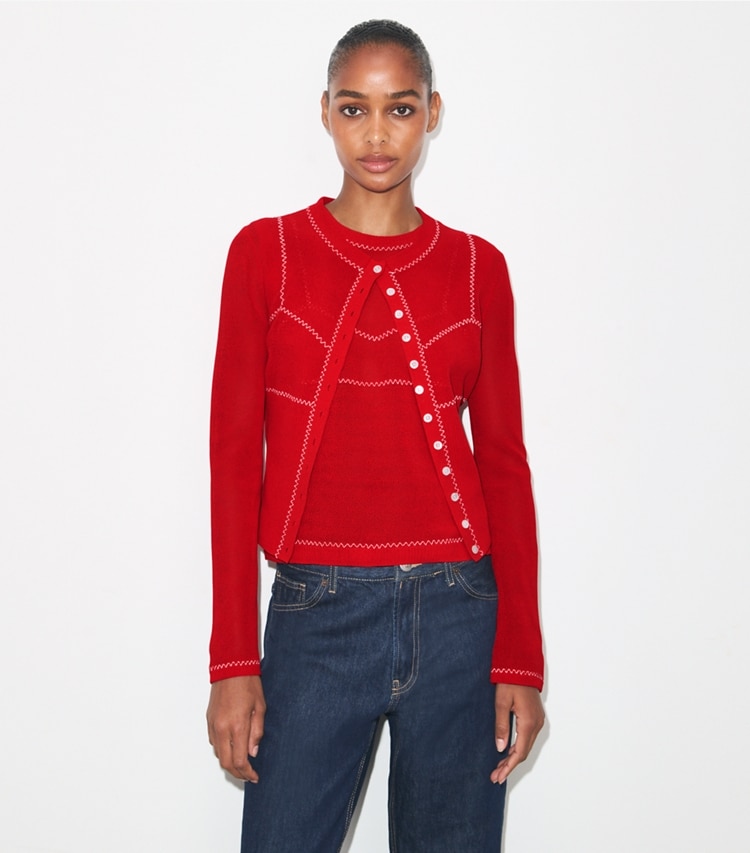 Tory Burch designer sweaters Cotton And Nylon Mesh Cardigan in Bright Red /  White on model detail