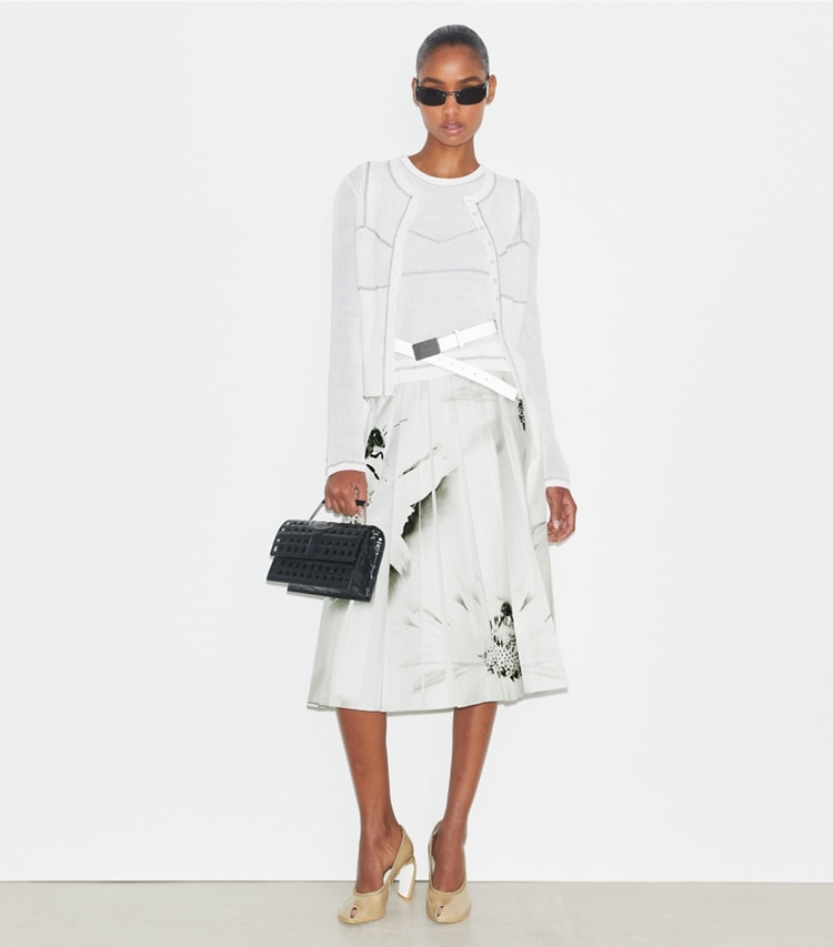 Tory Burch designer sweaters Cotton And Nylon Mesh Cardigan in White on model front