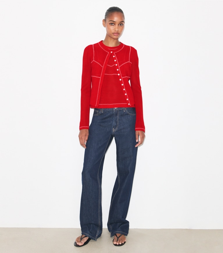 Tory Burch designer sweaters Cotton And Nylon Mesh Cardigan in Bright Red /  White on model front