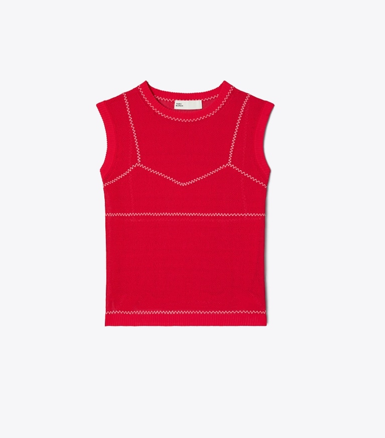 Tory Burch designer セーター コットン＆ナイロン メッシュトップス in Bright Red / White front