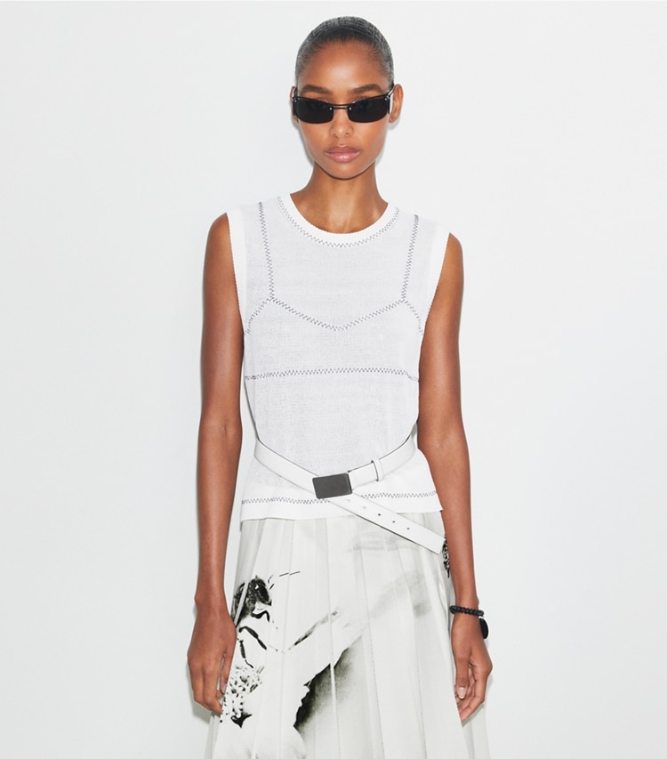 Tory Burch designer jackets Cotton And Nylon Mesh Top in White on model detail