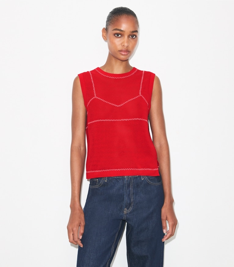 Tory Burch designer セーター コットン＆ナイロン メッシュトップス in Bright Red / White on model detail