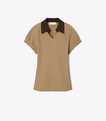 Tory Burch designer sweaters Cotton and Silk Polo in Boba Brown / Soba front