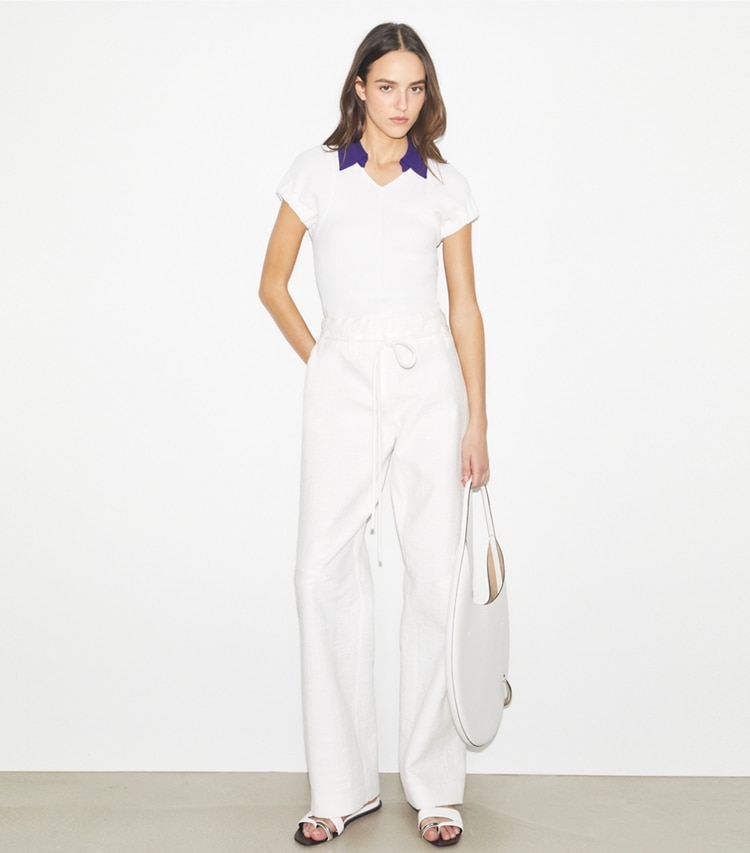 Tory Burch designer セーター コットン＆シルク ポロシャツ in White / Ballpoint Blue モデル前面