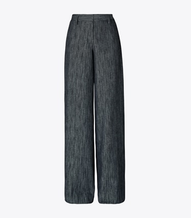 Tory Burch designer bottoms Cotton and Silk Wide-Leg Pants in Blue Warp/Light Blue front