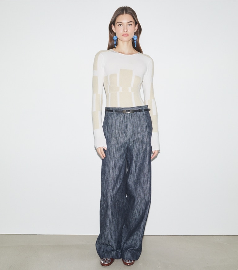 Tory Burch designer bottoms Cotton and Silk Wide-Leg Pants in Blue Warp/Light Blue front