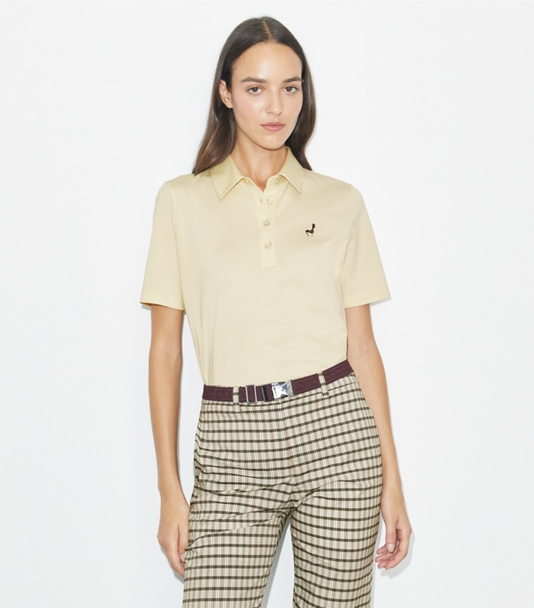 Tory Burch designer tops Cotton Birdie Polo in Sesame on model detail