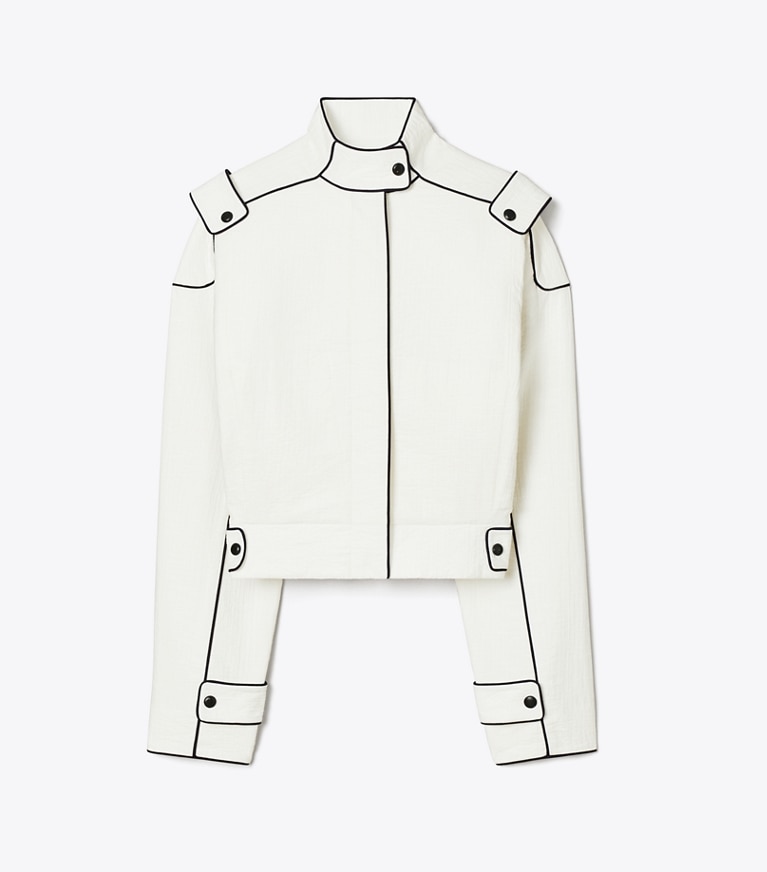 Tory Burch designer jackets Cotton Bomber Jacket in Marshmallow front