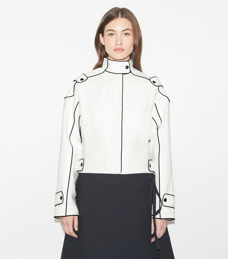 Tory Burch designer jackets Cotton Bomber Jacket in Marshmallow on model detail