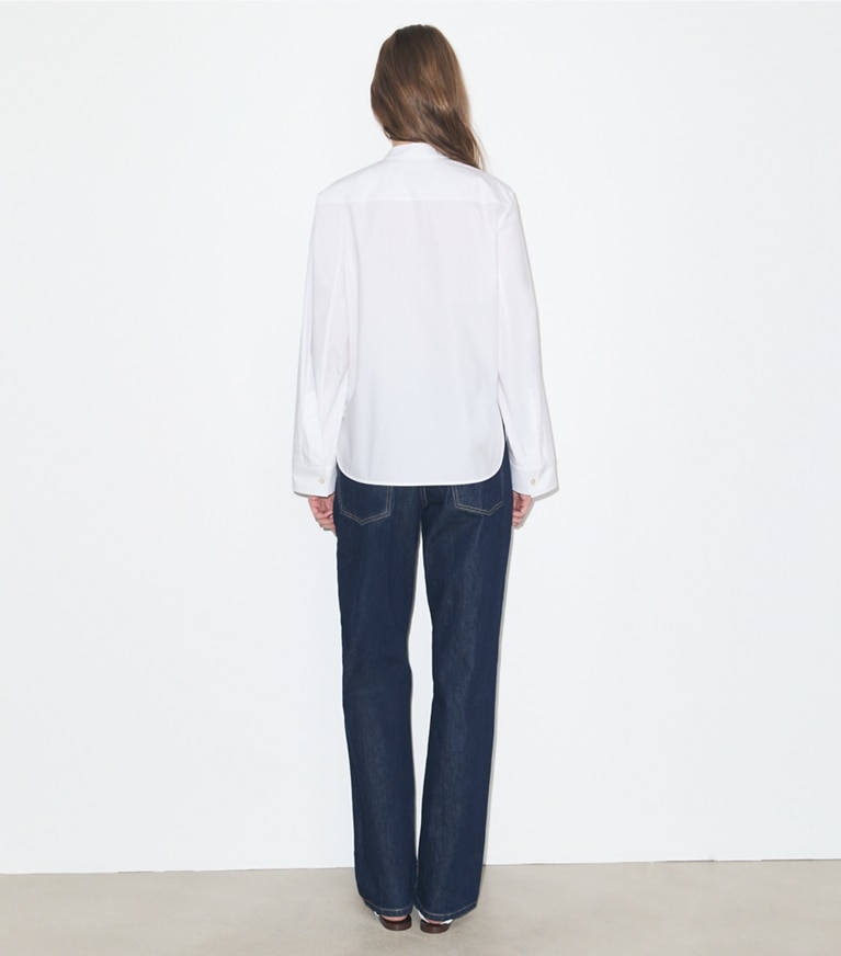 Tory Burch designer tops Cotton Bow Blouse in White on model back