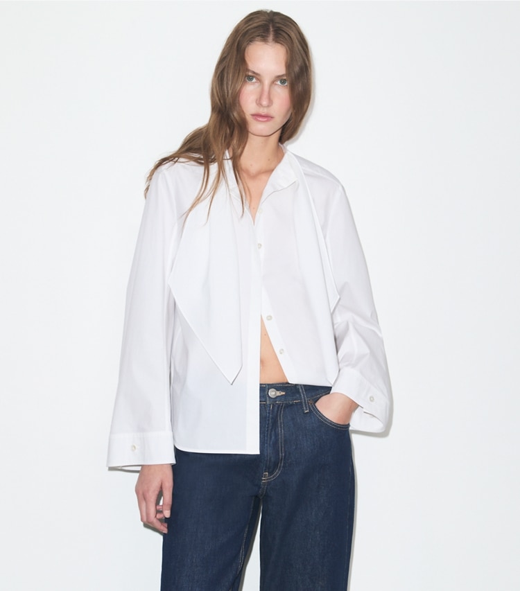 Tory Burch designer tops Cotton Bow Blouse in White on model detail