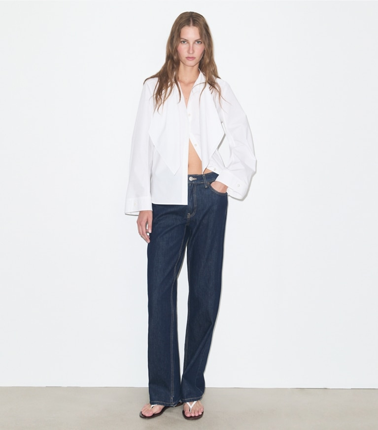 Tory Burch designer tops Cotton Bow Blouse in White on model front