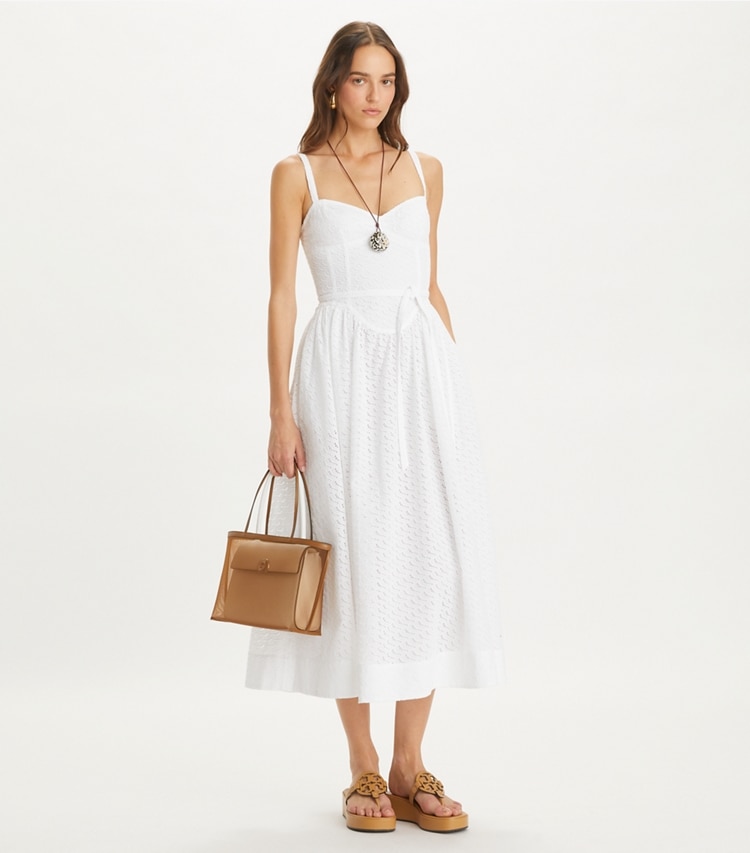 Tory Burch designer dresses Cotton Broderie Anglaise Dress in White on model front