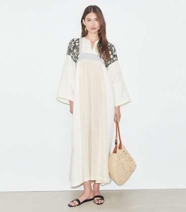 Tory Burch designer coverups Cotton Caftan in French Cream on model front