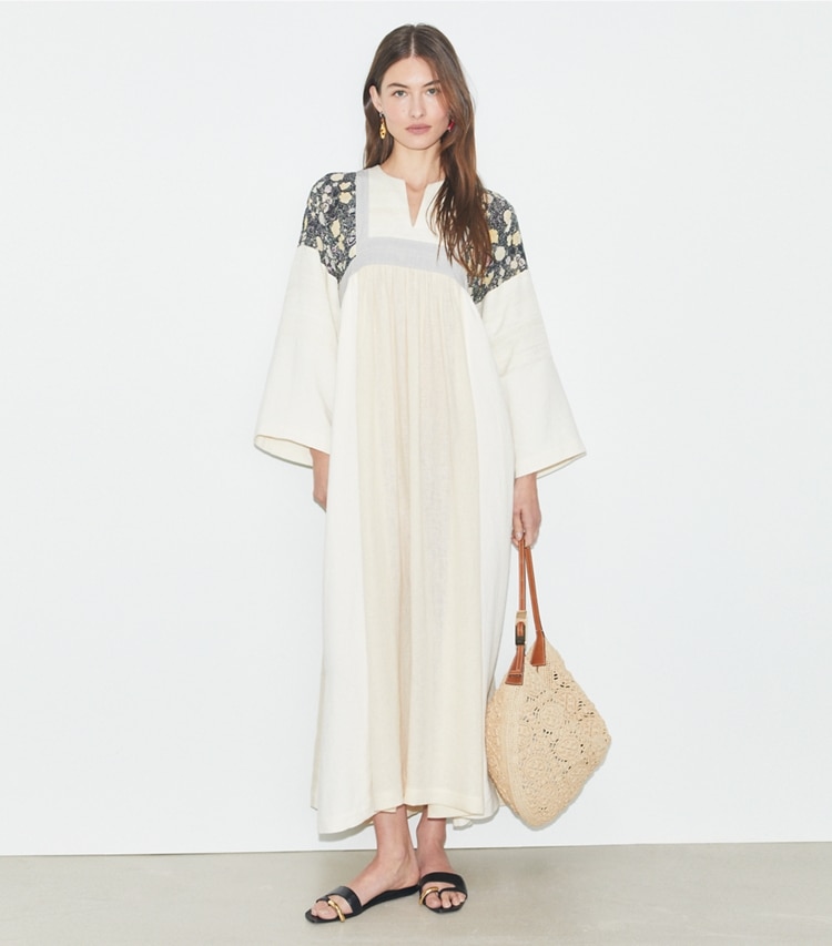 Tory Burch designer coverups Cotton Caftan in French Cream on model front