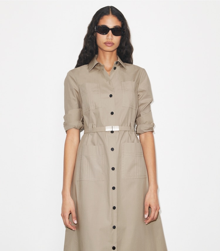Tory Burch designer dresses Cotton Camp Dress in Gray on model detail