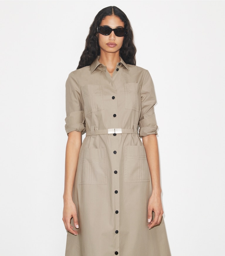 Tory Burch designer dresses Cotton Camp Dress in Gray on model detail
