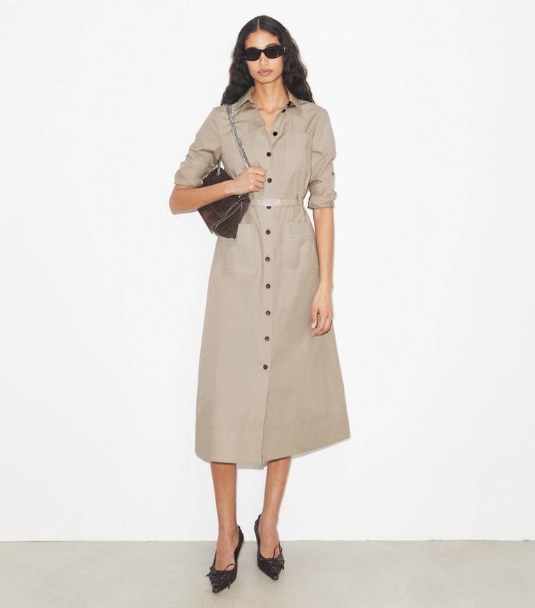 Tory Burch designer dresses Cotton Camp Dress in Gray on model front