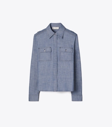 Tory Burch designer tops Cotton Camp Shirt in Blue Wash front