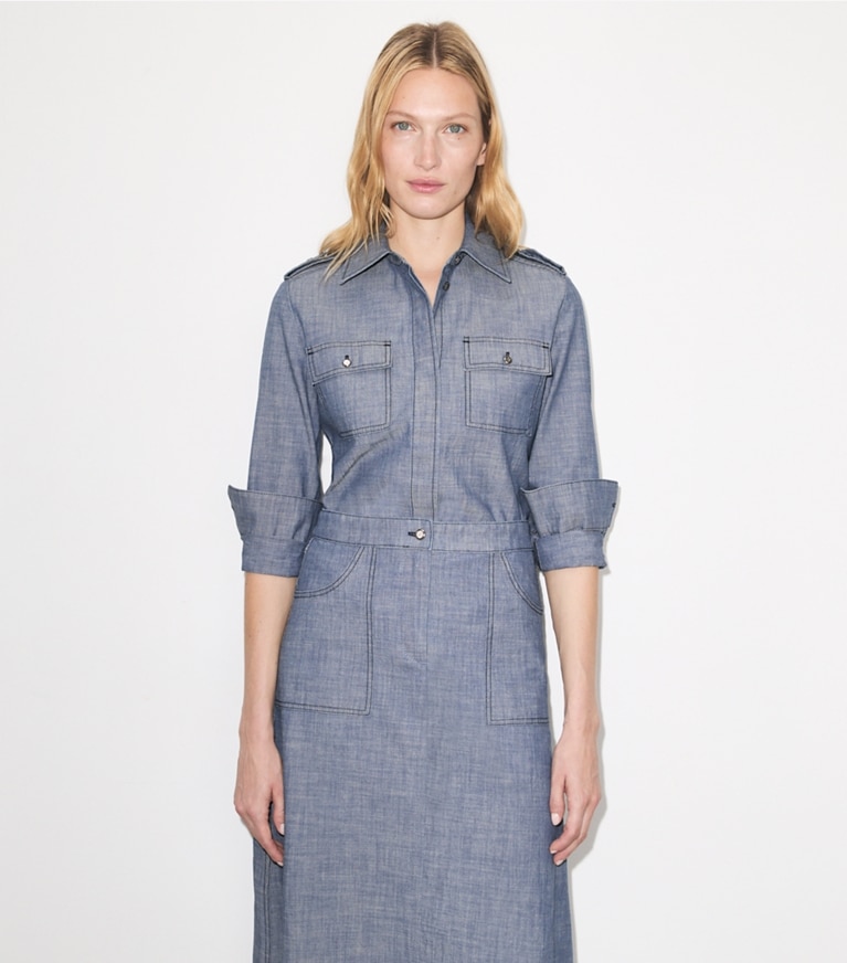 Tory Burch designer tops Cotton Camp Shirt in Blue Wash on model detail