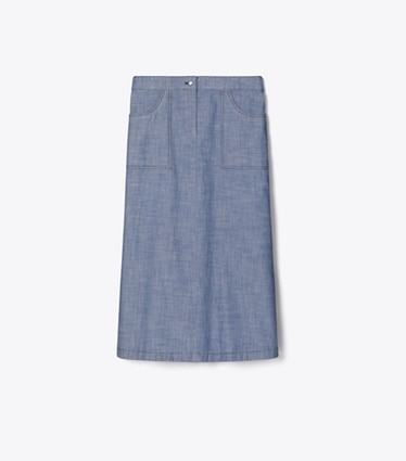 Tory Burch designer bottoms Cotton Camp Skirt in Blue Wash front
