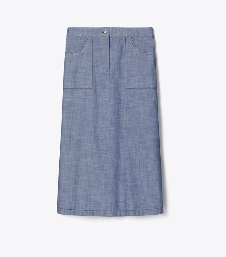 Tory Burch designer bottoms Cotton Camp Skirt in Blue Wash front