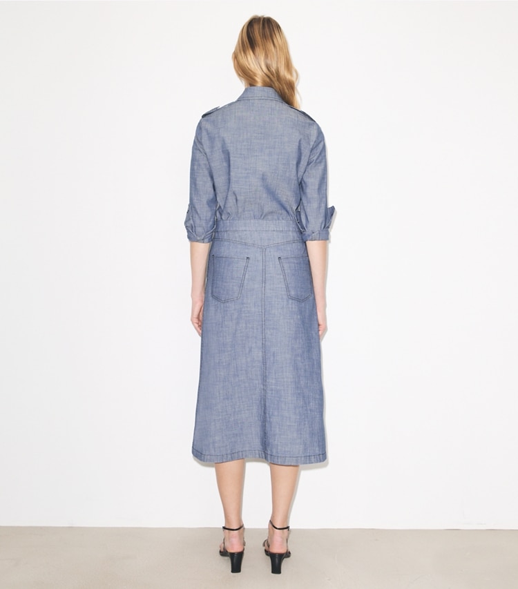 Tory Burch designer bottoms Cotton Camp Skirt in Blue Wash on model back