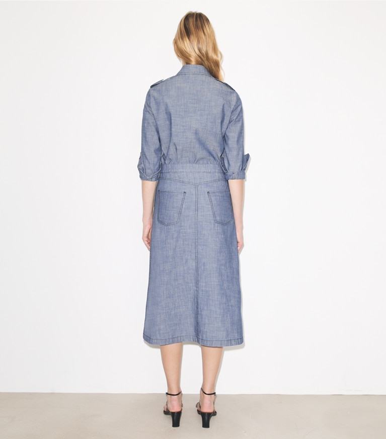 Tory Burch designer bottoms Cotton Camp Skirt in Blue Wash on model back