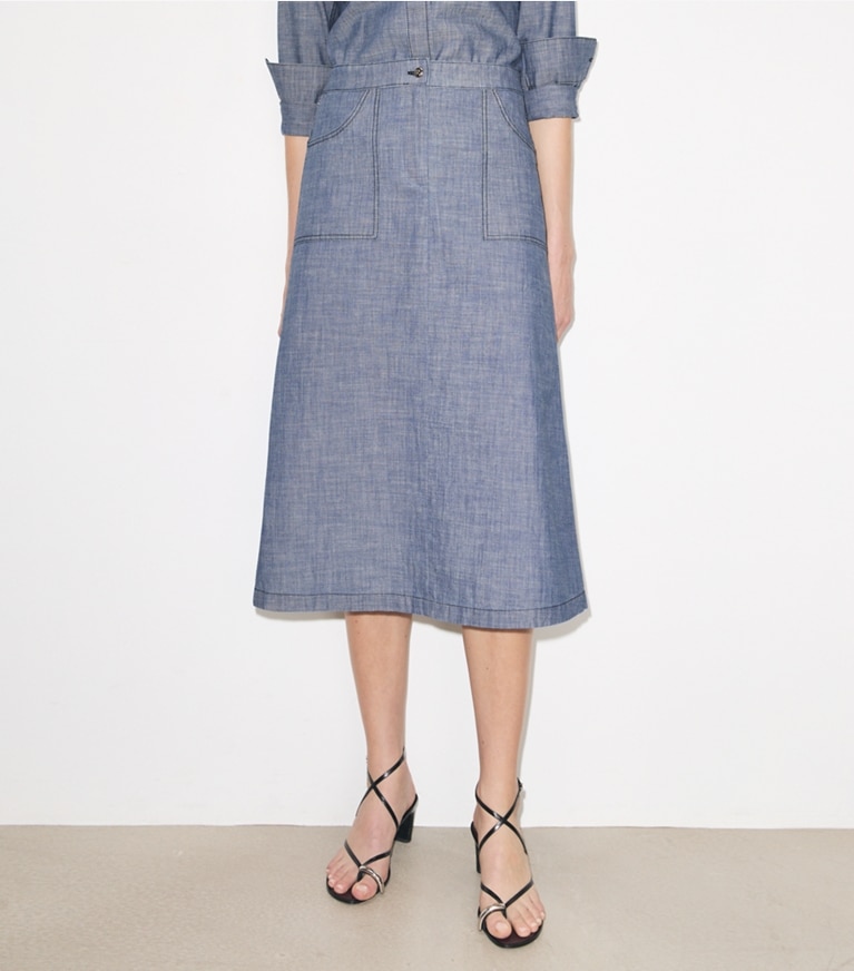 Tory Burch designer bottoms Cotton Camp Skirt in Blue Wash on model detail