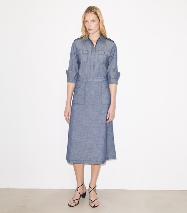 Tory Burch designer bottoms Cotton Camp Skirt in Blue Wash on model front