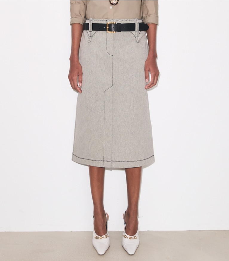 Tory Burch designer bottoms Cotton Canvas Skirt in Black / Ivory on model detail