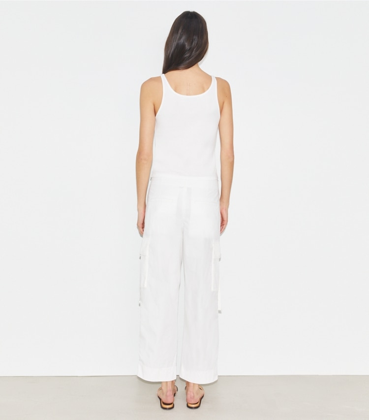 Tory Burch designer bottoms Cotton Cargo Pant in Optic White on model back