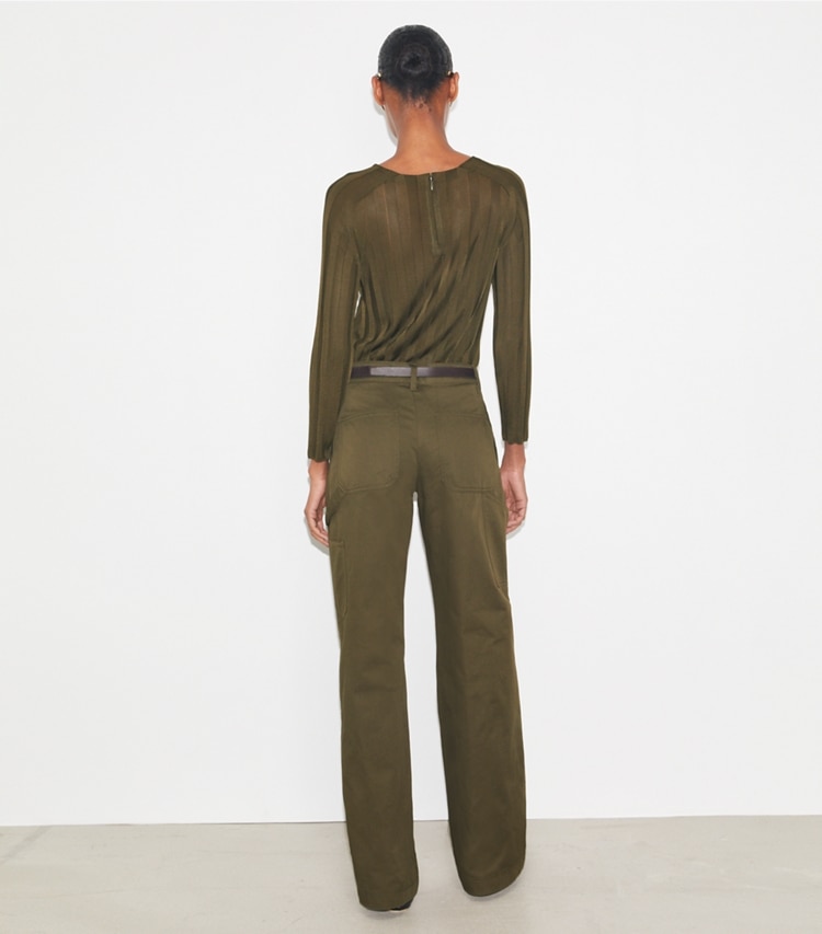 Tory Burch designer bottoms Cotton Cargo Pant in Olive Pesto on model back