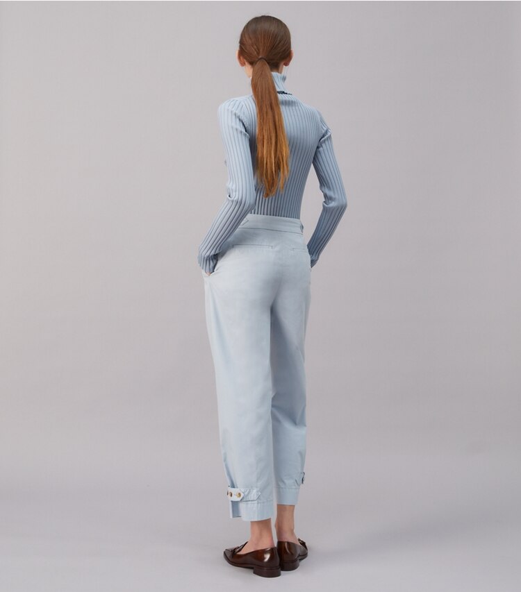 Tory Burch designer bottoms Cotton Cargo Pant in Blue Mist on model back