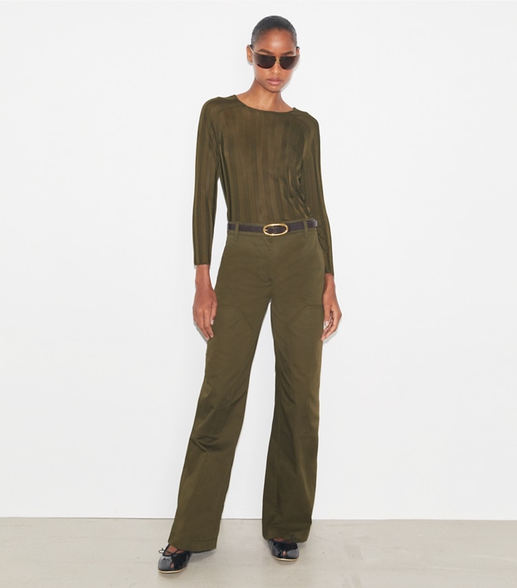 Tory Burch designer bottoms Cotton Cargo Pant in Olive Pesto on model front