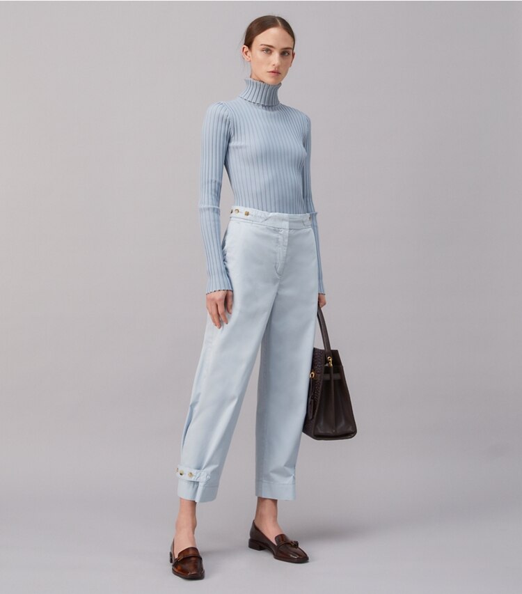 Tory Burch designer bottoms Cotton Cargo Pant in Blue Mist on model front